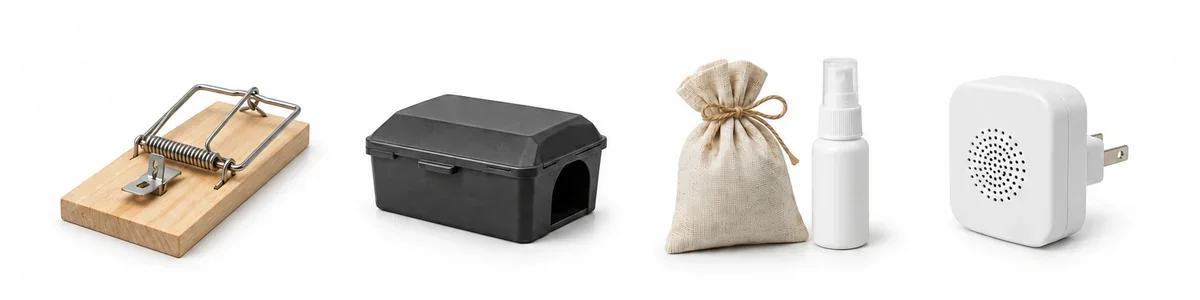 A snap trap, a poison bait box, a mint bag and spray, an ultrasonic plug-in.