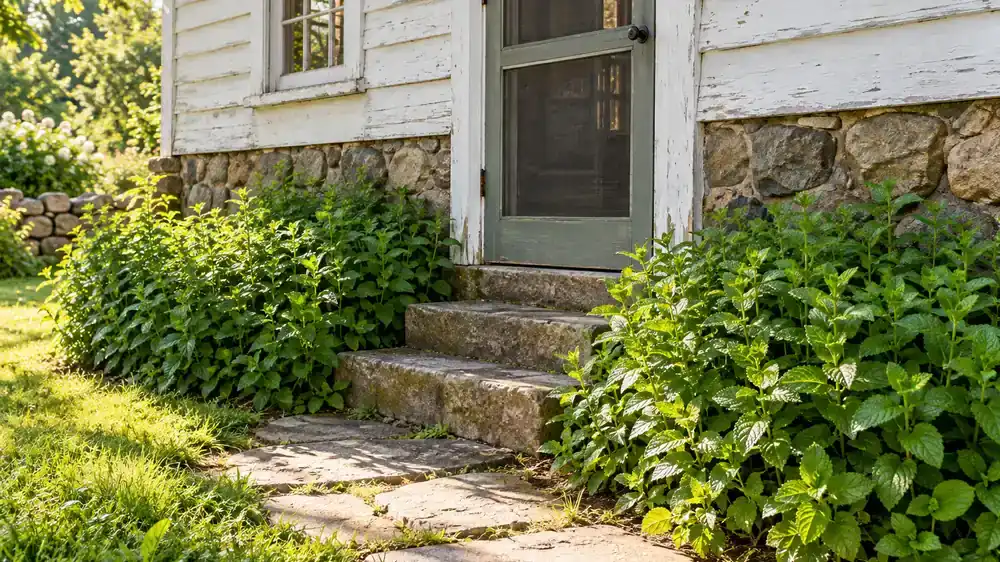 Mint growing thick along the stone foundation by an old farmhouse back door.