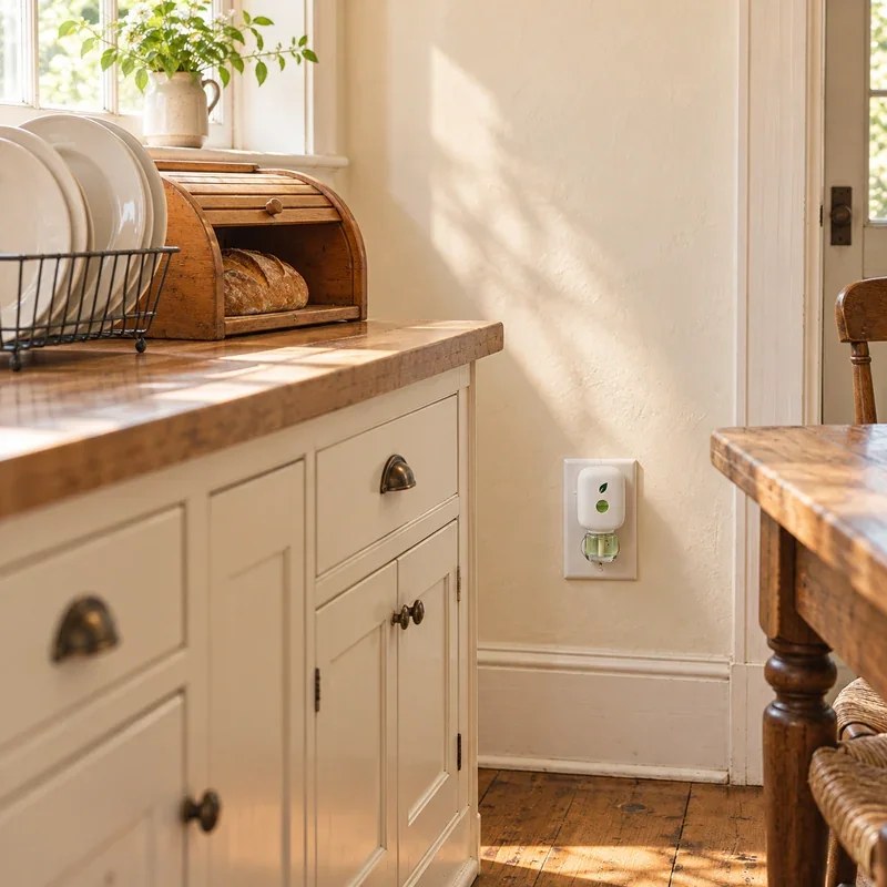 A clean farmhouse kitchen in the morning, MintKeep low on the wall by the table.