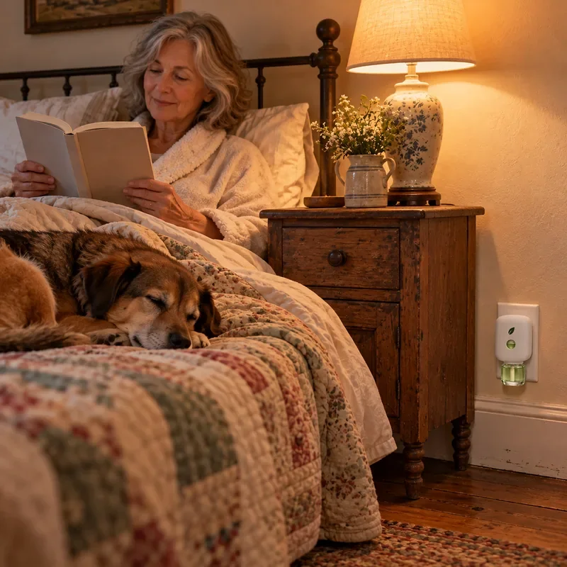 A woman reading in bed with her dog asleep on the quilt, MintKeep low on the wall by the nightstand.
