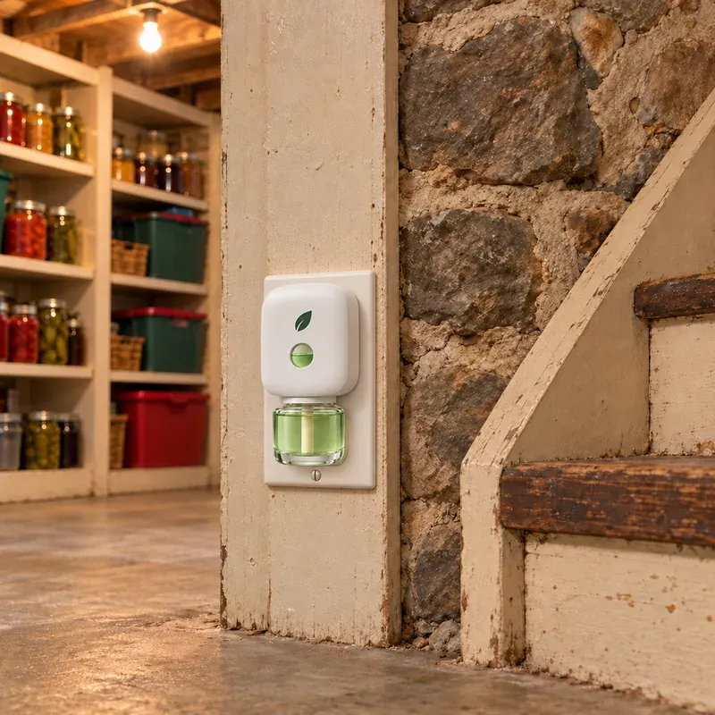 A stone basement with jars on the shelves, MintKeep plugged in by the stairs.
