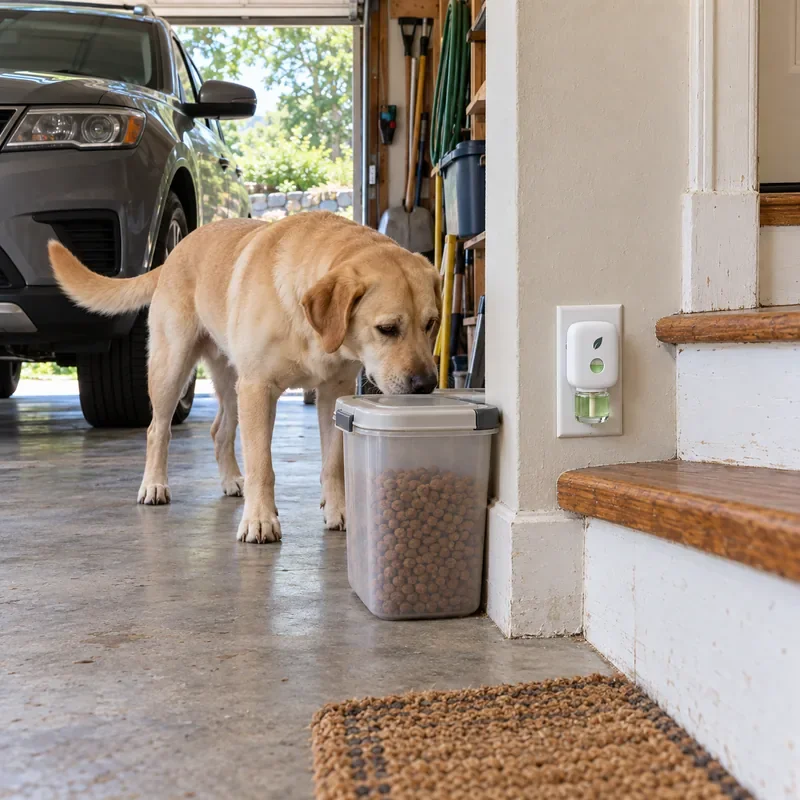 A dog in the garage by its food bin, MintKeep by the steps into the house. No traps, no bait.