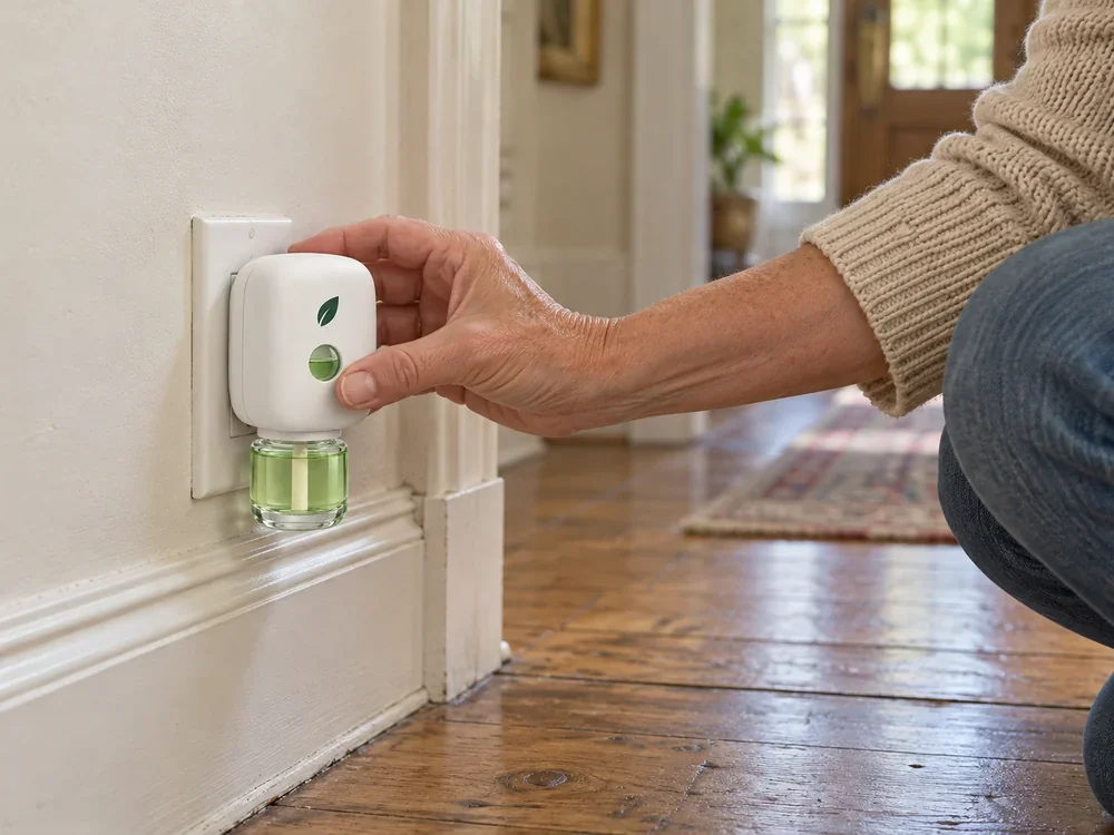 Plugging MintKeep into a low hallway outlet.