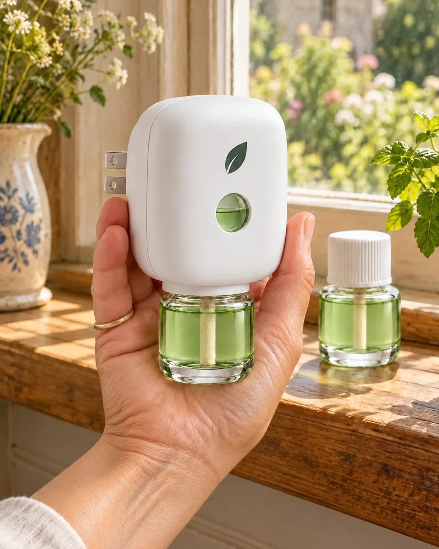 MintKeep in the palm of a hand by a kitchen window, a spare refill on the sill.