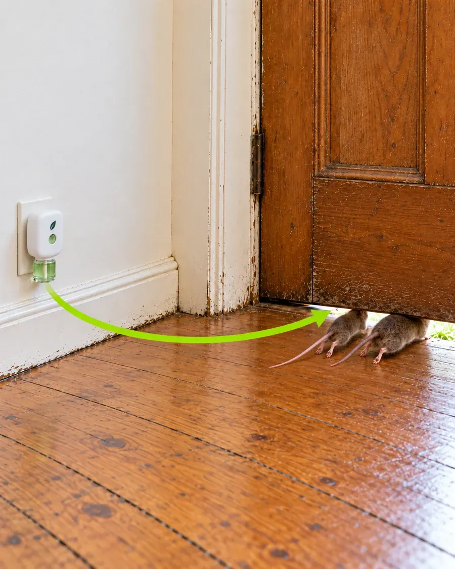 A rat half out under the back door and a mouse diving after it, running away from MintKeep plugged in low in a kitchen (owner 21 Oct, pair pages-502).