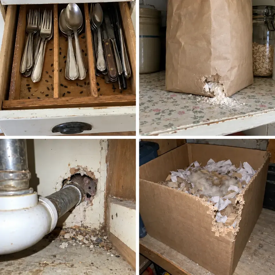 Four photos: droppings in a silverware drawer, a chewed flour bag, a gnawed gap by the pipe under the sink, a nest in a basement box. A mouse peeks out of the hole by the pipe.