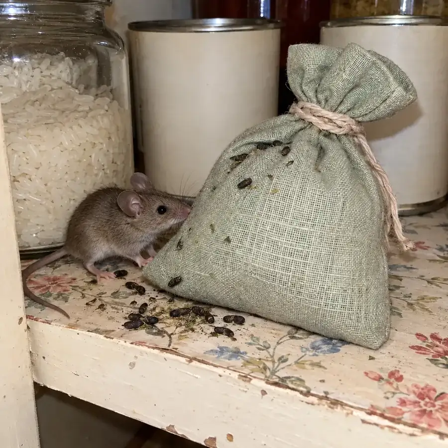 A mint bag on a pantry shelf with fresh droppings on it and around it. A live mouse sniffs the bag, right beside it.