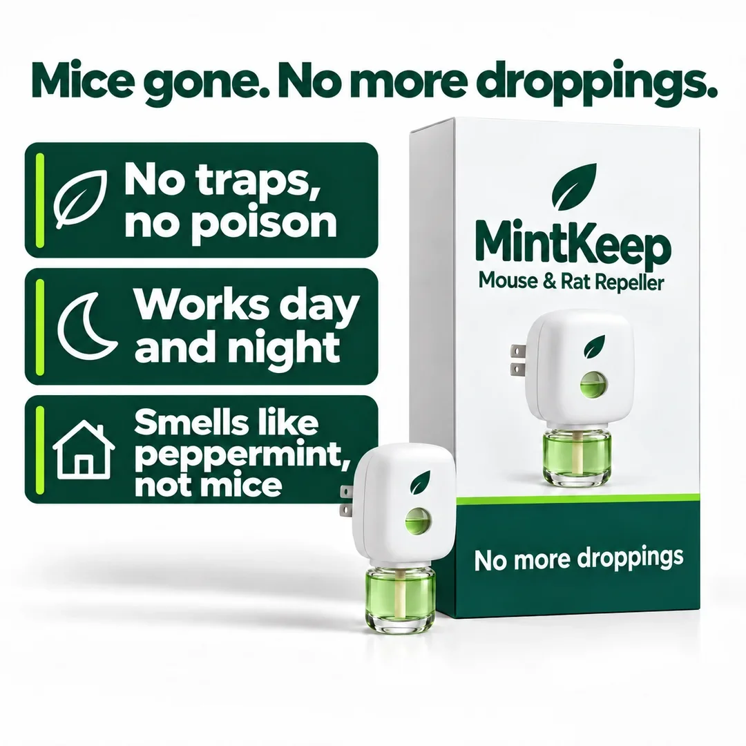 Mice gone. No more droppings. The MintKeep box with the white plug-in in front of it; seals: no traps, no poison; works day and night; smells like peppermint, not mice.