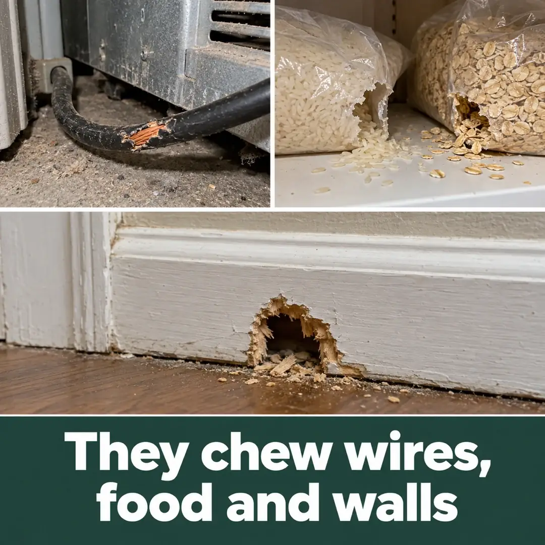 They chew wires, food and walls. A chewed wire, chewed food bags and a hole chewed in a baseboard.