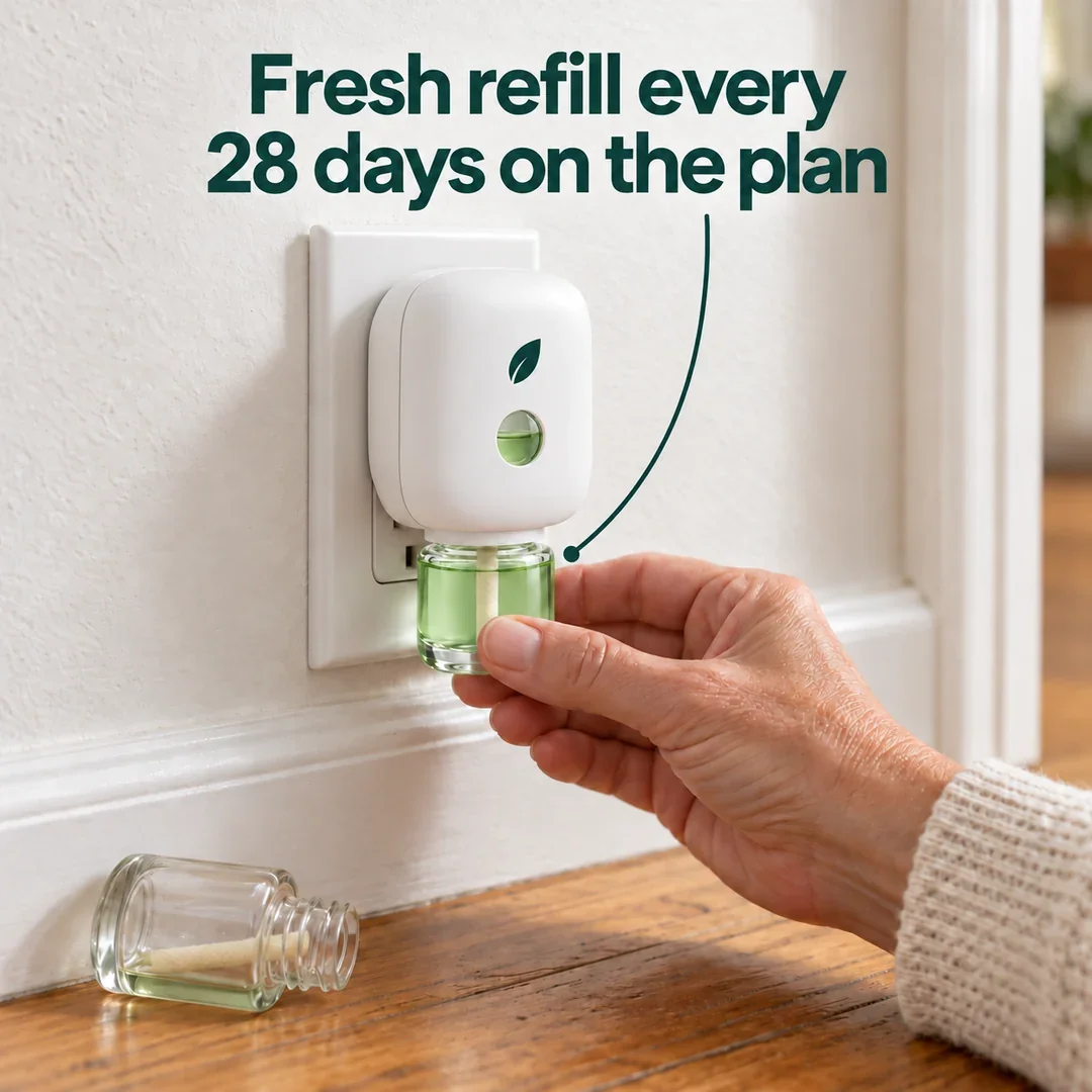 Fresh refill every 28 days on the plan. A hand clicks a full bottle of mint into MintKeep at the outlet; the empty one lies on the floor.