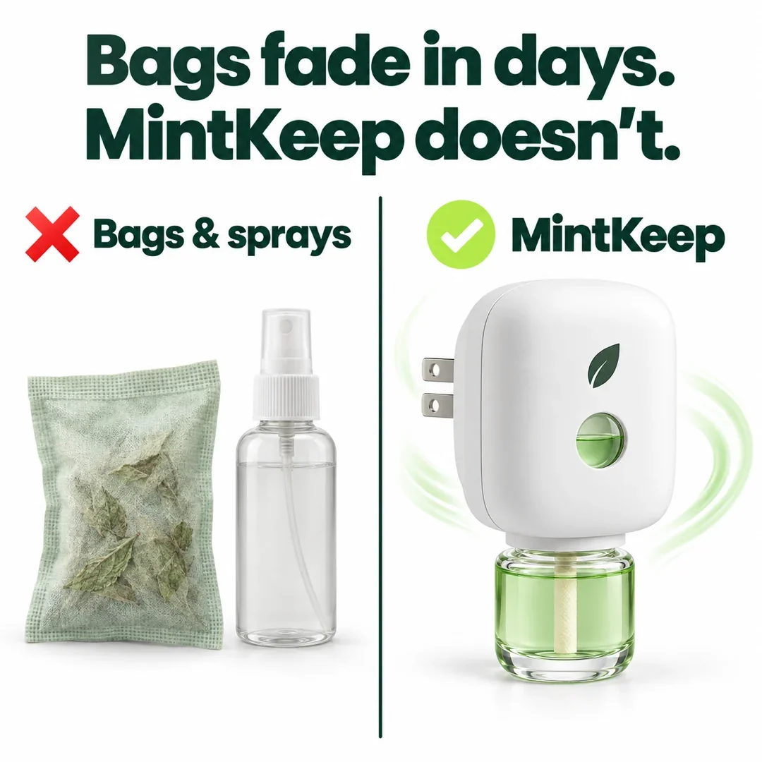 Bags fade in days. MintKeep doesn't. A faded mint pouch and a spray crossed out beside MintKeep.