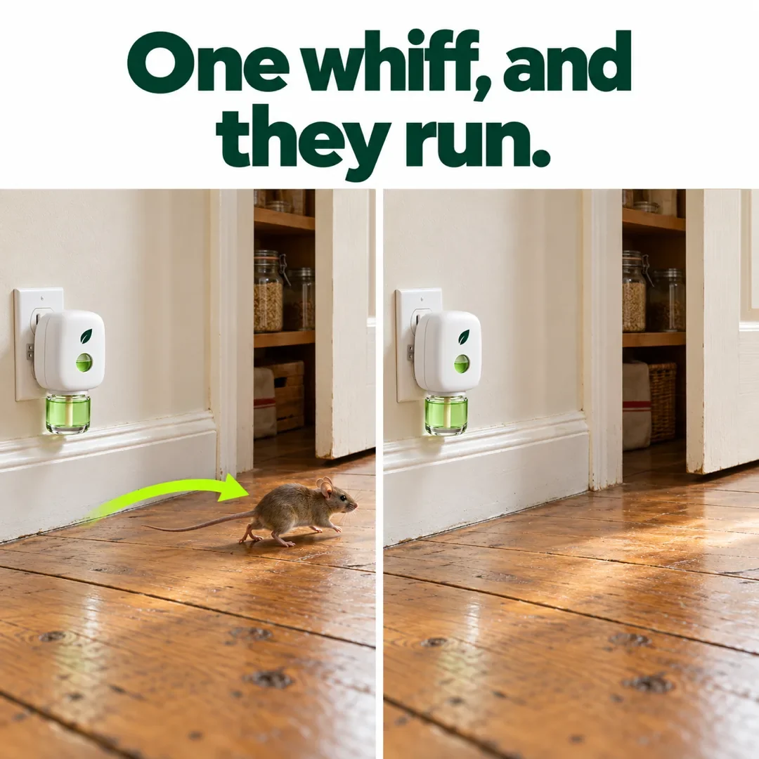 One whiff, and they run. A mouse runs away from MintKeep along a green arrow; the same floor, empty.