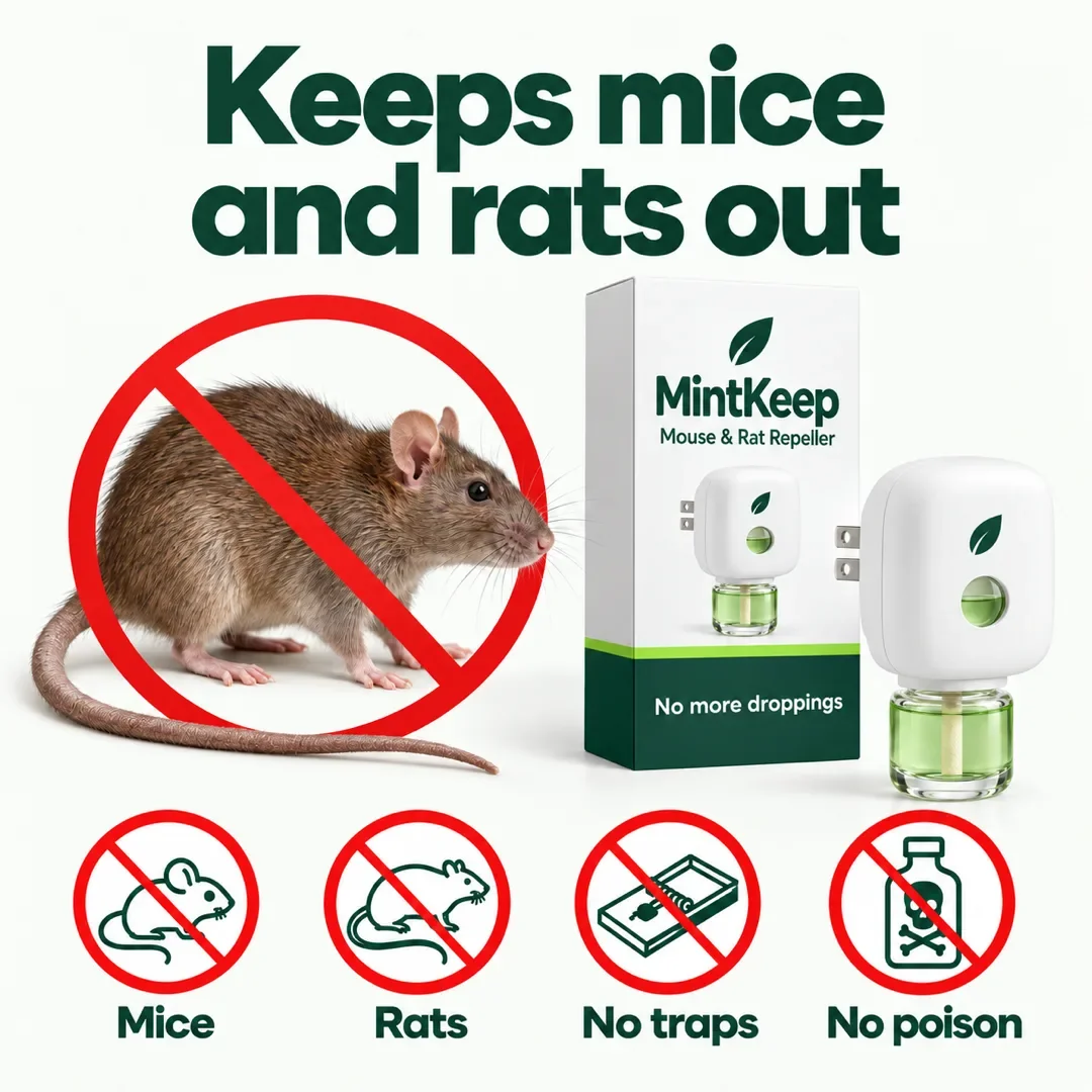 Keeps mice and rats out. A big rat crossed out in red beside the MintKeep box; icons for mice, rats, no traps, no poison.