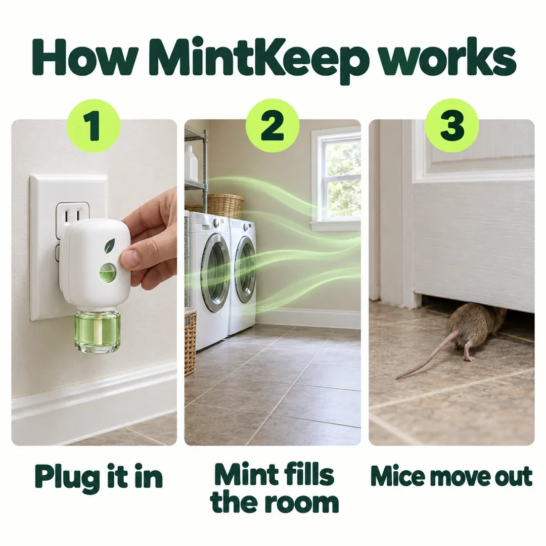 How MintKeep works. Plug it in. Mint fills the room. Mice move out.