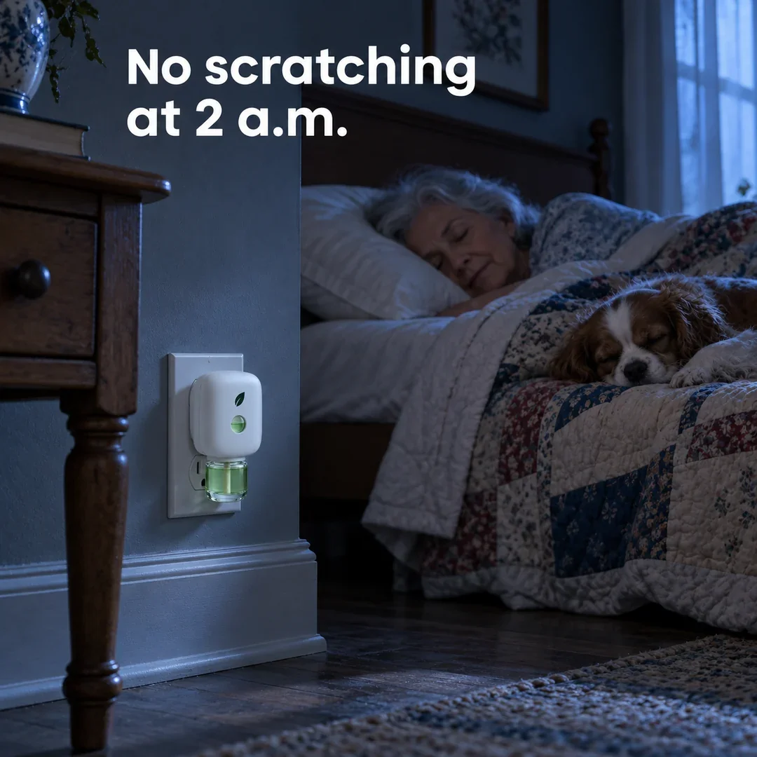 No scratching at 2 a.m. A woman asleep under her quilt with her dog, MintKeep low on the wall by the nightstand.