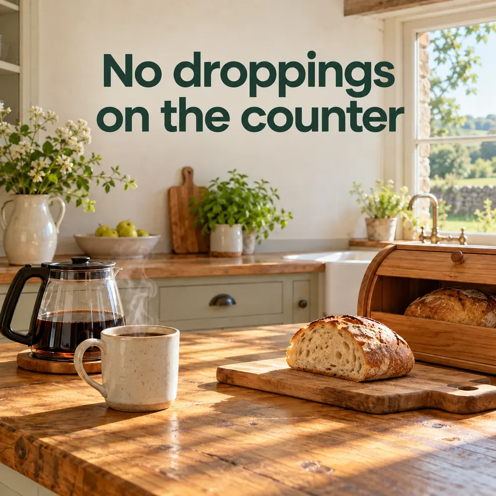No droppings on the counter. A clean farmhouse counter in morning sun, coffee and fresh bread.