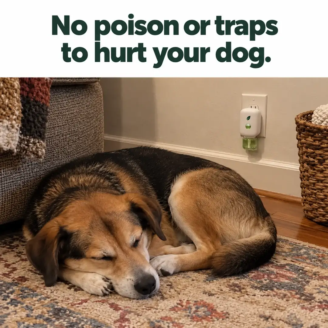 No poison or traps to hurt your dog. A dog asleep on a rug with MintKeep plugged in behind it.
