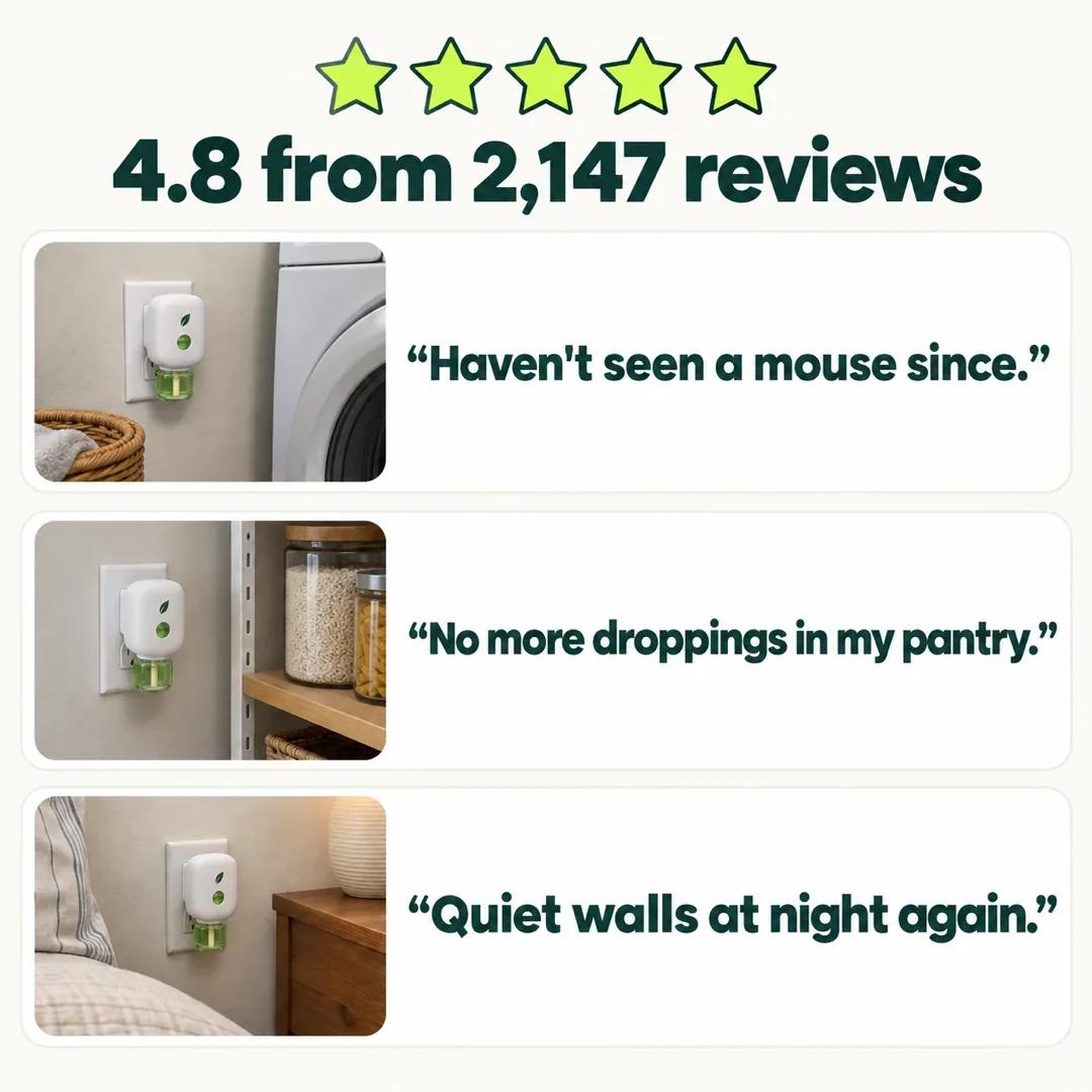 4.8 from 2,147 reviews. Haven't seen a mouse since. No more droppings in my pantry. Quiet walls at night again.