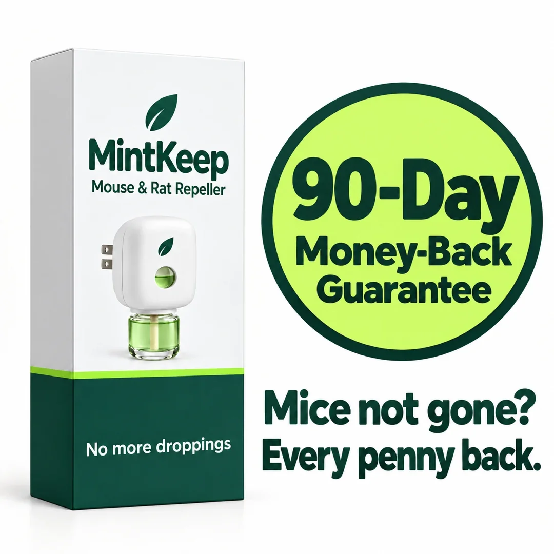 Mice not gone? Every penny back. The MintKeep box beside a 90-Day Money-Back Guarantee seal.