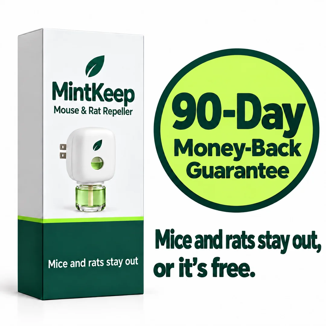 Mice and rats stay out, or it's free. The MintKeep box beside a 90-Day Money-Back Guarantee seal.