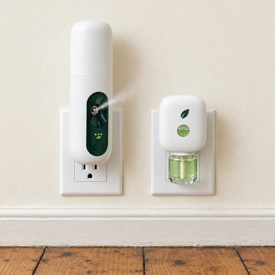 Two wall outlets side by side: MintKeep Max on the left sending out a fine mist, the MintKeep you ordered on the right with its bottle of green mint oil