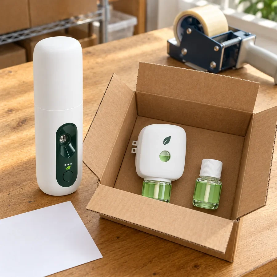 An open shipping box on a packing bench with a MintKeep inside, and a MintKeep Max standing beside it