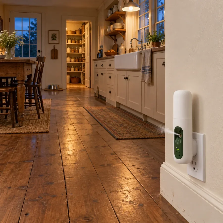 A long farmhouse kitchen at dusk, MintKeep Max plugged in low on the wall in front, the pantry door at the far end and a dog's bowl by the back door