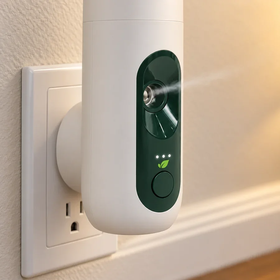 Close up of MintKeep Max's green front window: the nozzle with its fine mist, three small lights and the round button
