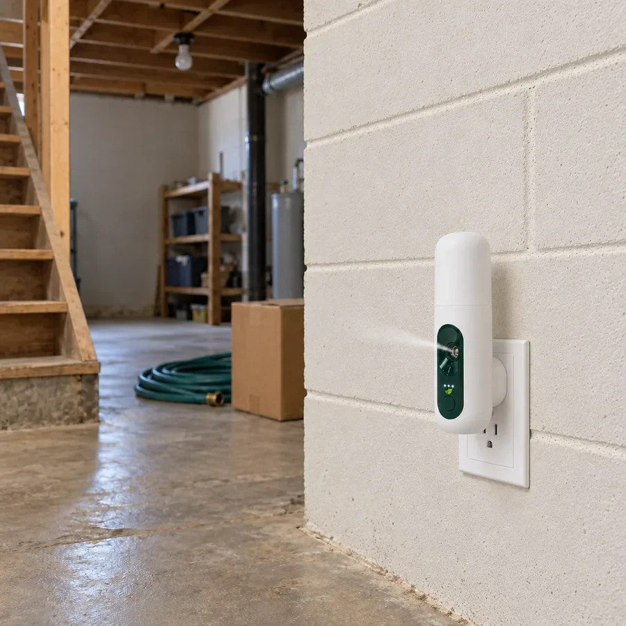 MintKeep Max plugged into a wall outlet in a basement, a fine mist drifting out