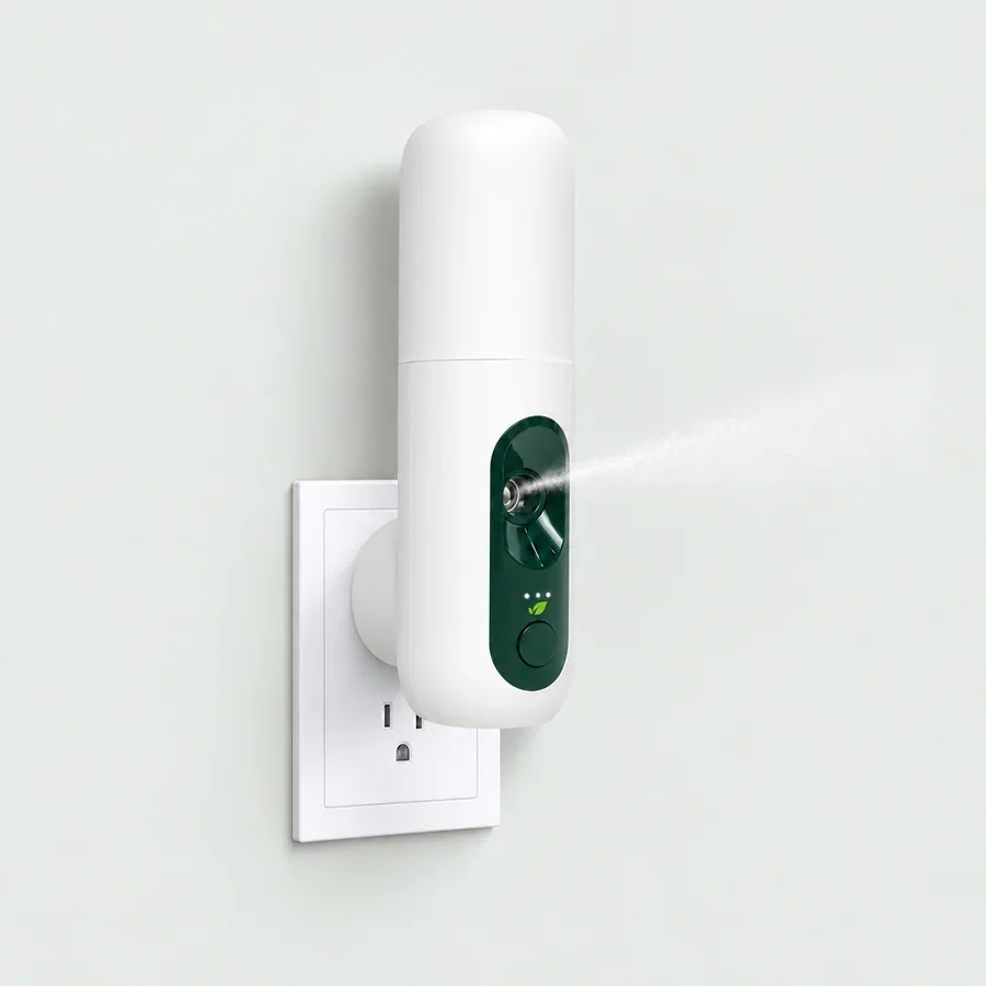 MintKeep Max plugged into a wall outlet: a tall white capsule with a green front window, sending out a fine mist