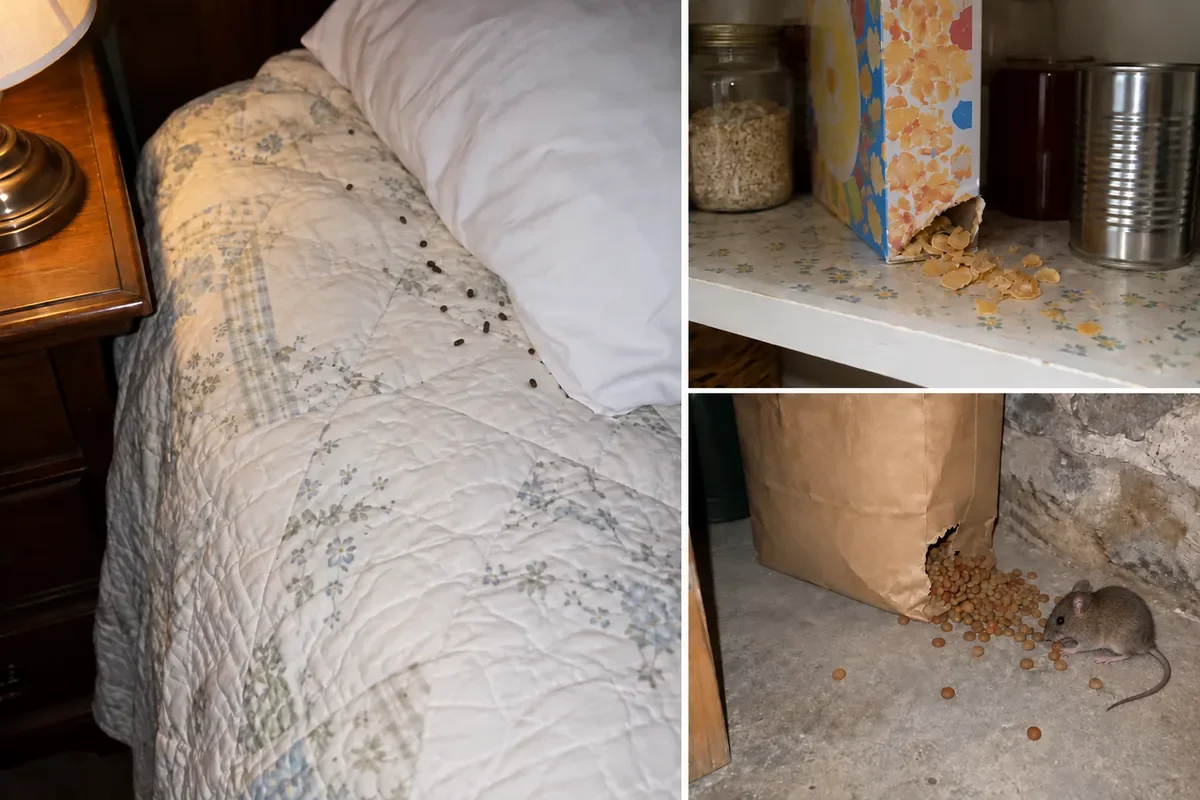 One mosaic, a big left panel and two stacked right: (left) droppings on a white quilt beside the pillow, the bedside lamp's base at the frame edge, phone flash; (right top) a cereal box on the pantry shelf with its bottom corner chewed open and crumbs on the shelf paper, daylight; (right bottom) the dog's food bag on the basement floor by the stone wall, its bottom corner chewed through and kibble spilled out, flash A live mouse nibbles at the spilled food by the chewed sack.