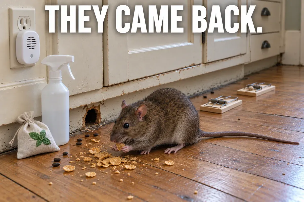 "THEY CAME BACK." A big brown rat eats spilled cereal on her kitchen floor next to a chewed hole, beside the traps, the mint bag, the peppermint spray and the ultrasonic plug-in she tried (Sofyre port, pair pages-485).
