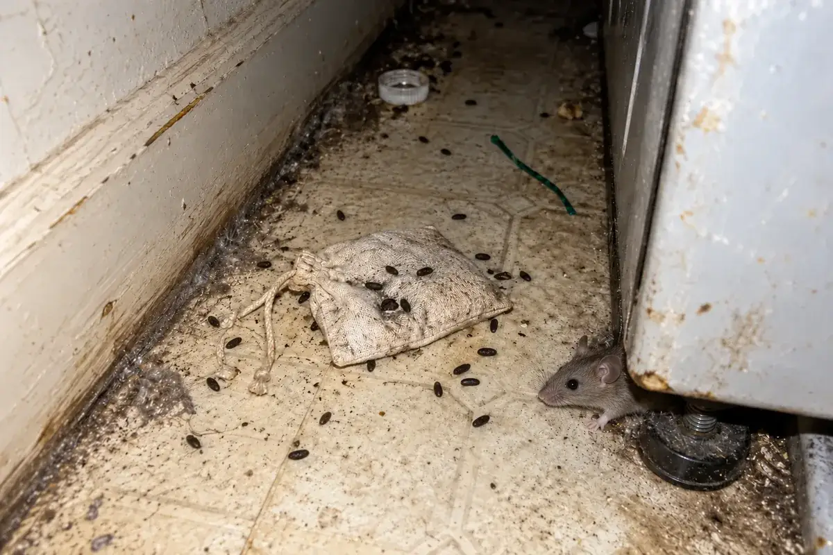 A cloth mint bag gone pale and flat on the floor beside the stove's back leg, droppings on it and around it (the buyer's own complaint: "My mice poop on these pouches"), dust and a lost bottle cap; phone flash into the gap A live mouse pokes out from under the stove, sniffing toward the bag.