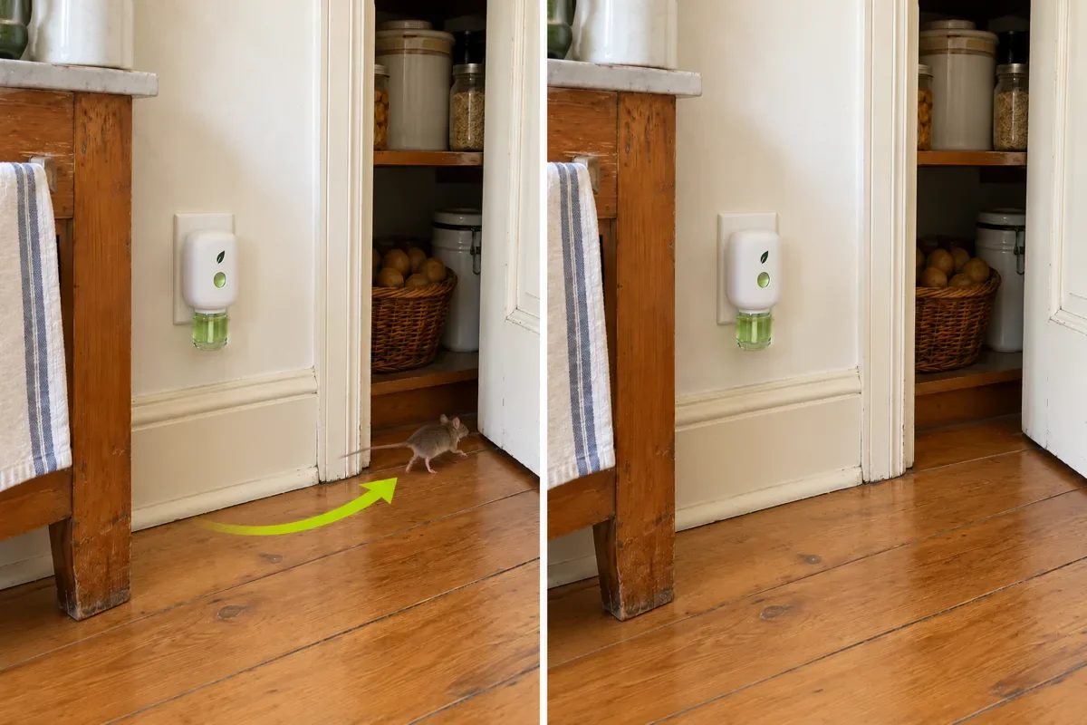 Two frames of her kitchen: a mouse runs away from MintKeep into the pantry along a green arrow; the same floor, empty (Sofyre run-away pair, pair pages-485).