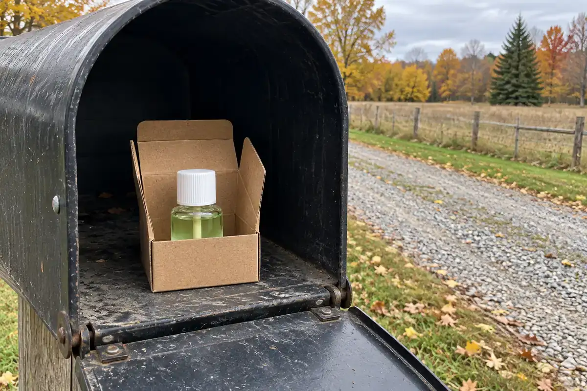A rural mailbox on a post at the end of a gravel drive, its door open; inside, a small plain cardboard mailer with its flap open and a MintKeep refill bottle standing in it; autumn trees, a fence and a field behind, overcast daylight