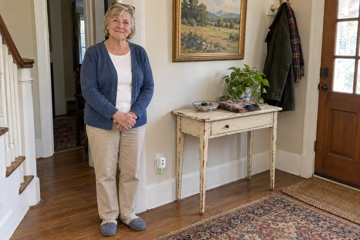Carol, a white woman about 66 in a blue cardigan, standing in her front hallway beside a hall table, hands clasped in front, smiling a little; the MintKeep unit in the outlet low on the wall beside the table, small but clear