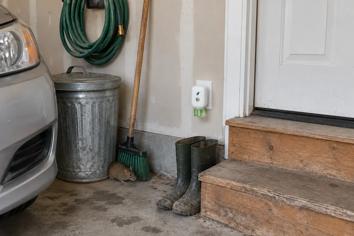 MintKeep in the garage wall outlet low beside the steps up to the door into the house, the front bumper of the family's silver car at the frame edge, a metal trash can, a broom, a coiled hose and muddy boots by the step, open garage door daylight A brown rat crouches by the trash can, far from the unit.