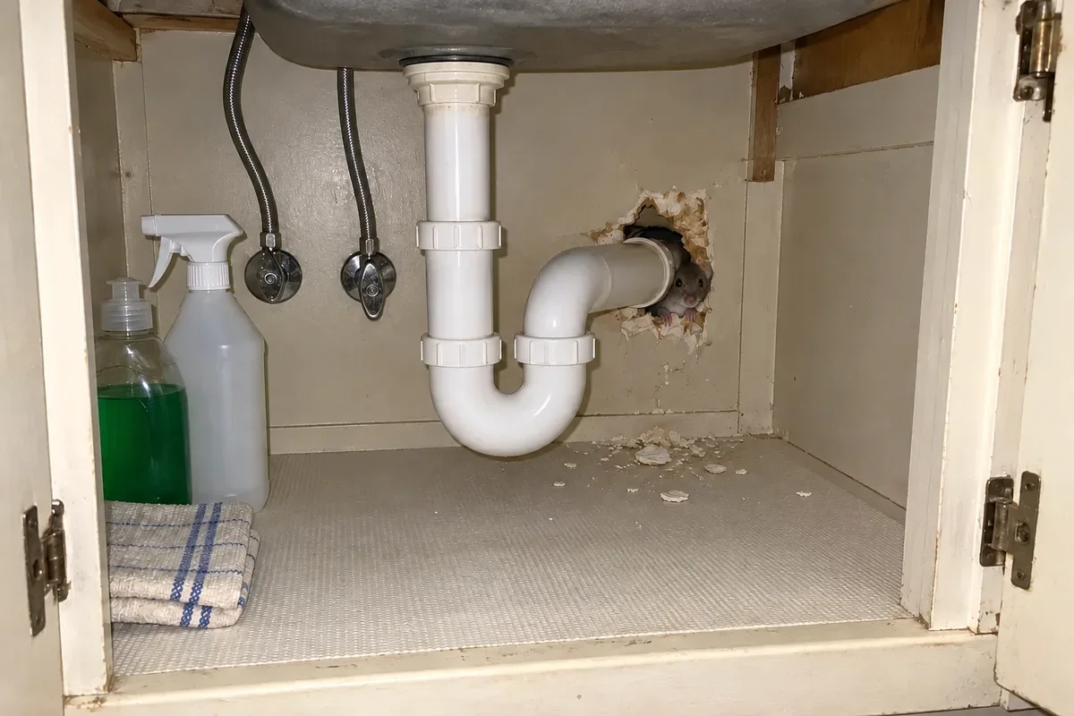 Under a spotless kitchen sink: neat bottles of dish soap and cleaner, a folded rag, a clean shelf liner, and at the back the gap where the pipe goes into the wall, its edge gnawed wider; no droppings A mouse peeks out of the chewed hole around the pipe.