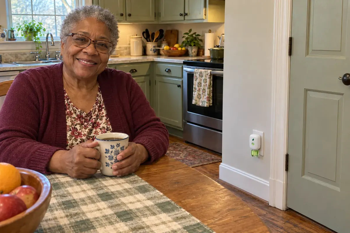 Gloria, a Black woman about 68 in a cardigan, at her farmhouse kitchen table with a mug, the counter behind her clean, the unit low on the wall by the pantry