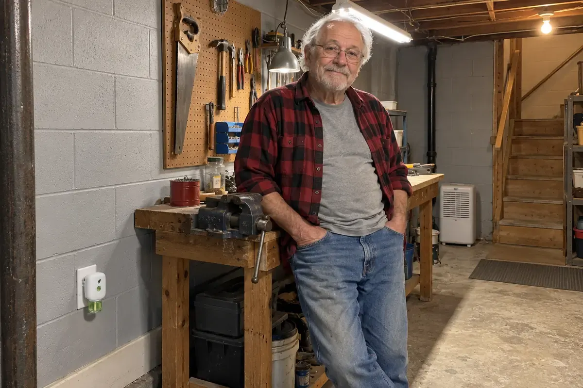 Ray, a white man about 72 in a flannel shirt, leaning on his workbench in the basement against the block wall, hands in his pockets, the unit in the outlet low on the wall beside the bench