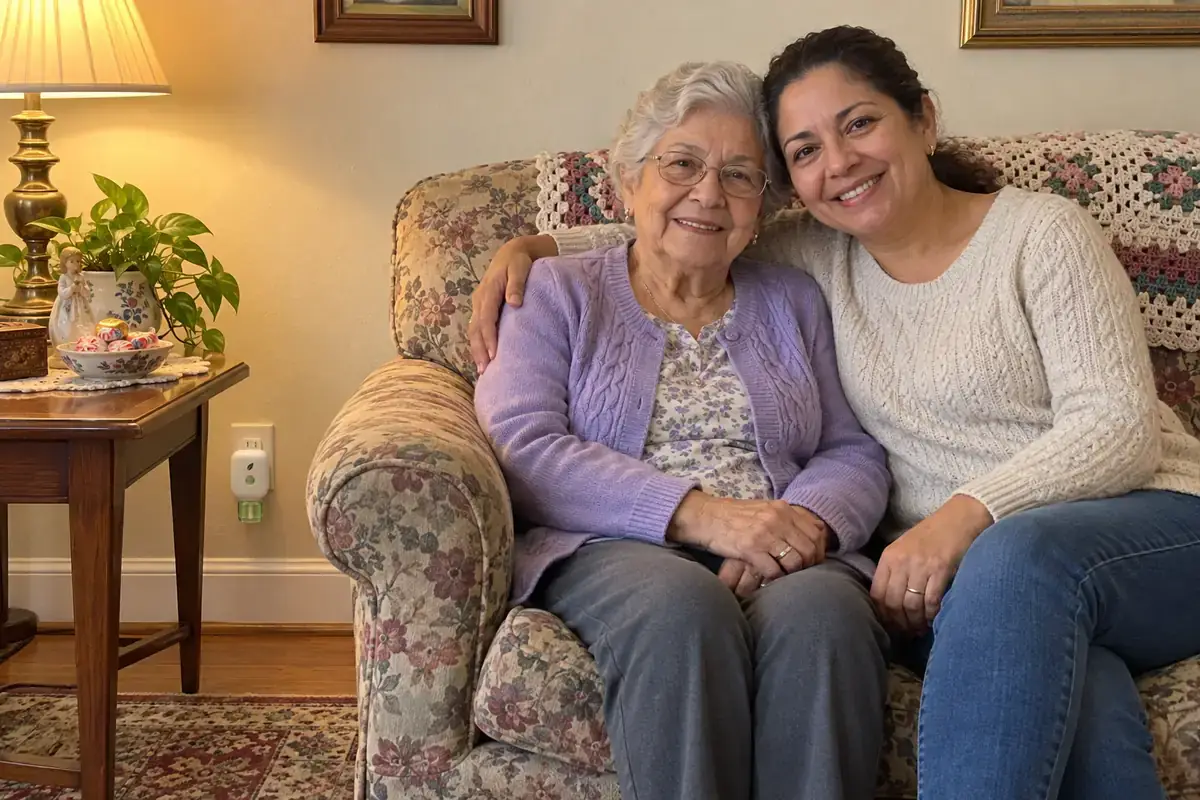 Michelle, a Latina woman about 47, and her mother, about 78, side by side on the mother's floral couch, an afghan over the back, Michelle's arm around her mother; the unit in the outlet low on the wall beside the end table