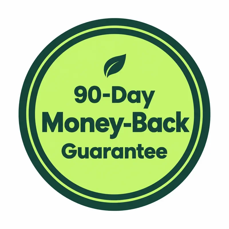 A flat round seal in the page's forest green (#24433D) and lime (#CCF46F), words "90-Day Money-Back Guarantee" in Poppins semibold, no gold, no ribbon clip-art (pages-240)