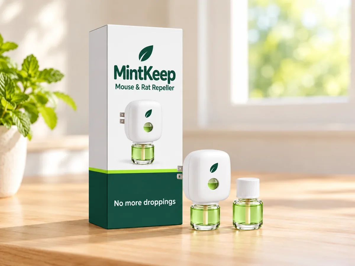 The MintKeep retail box standing, the unit and a refill beside it on a light surface in soft daylight; the box carries the logo, the category name and one outcome line, no count and no price (page-class: the package on the product page)