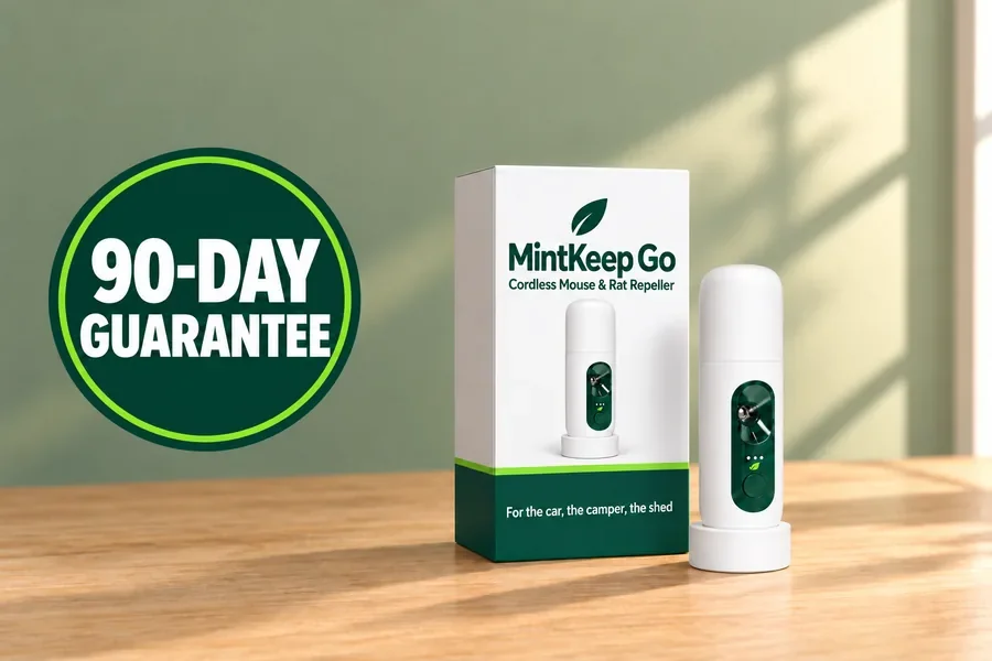 One MintKeep Go box with the Go standing beside it, with the 90-day guarantee and free shipping seals