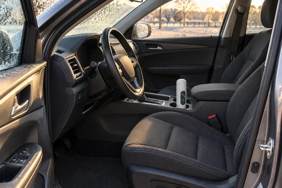 The open driver's door of an SUV on a frosty morning: a clean seat, and MintKeep Go in the cup holder