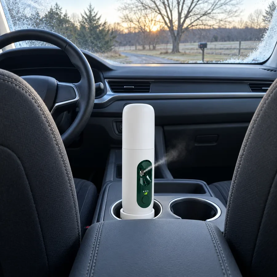 MintKeep Go standing in the cup holder of a late-model SUV on a frosty morning