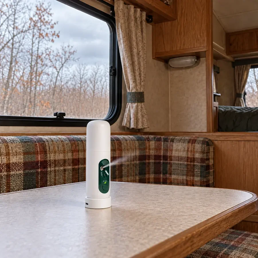 MintKeep Go on the dinette table of a camper closed up for the winter