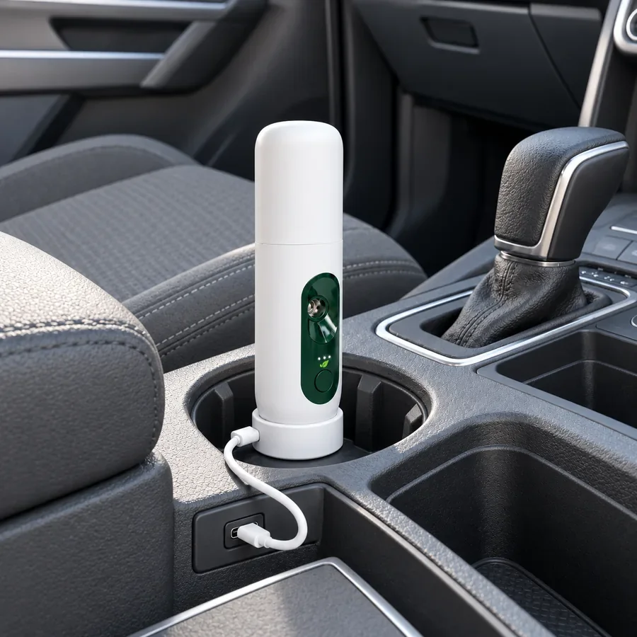 MintKeep Go in a car's cup holder, charging from the console's USB port