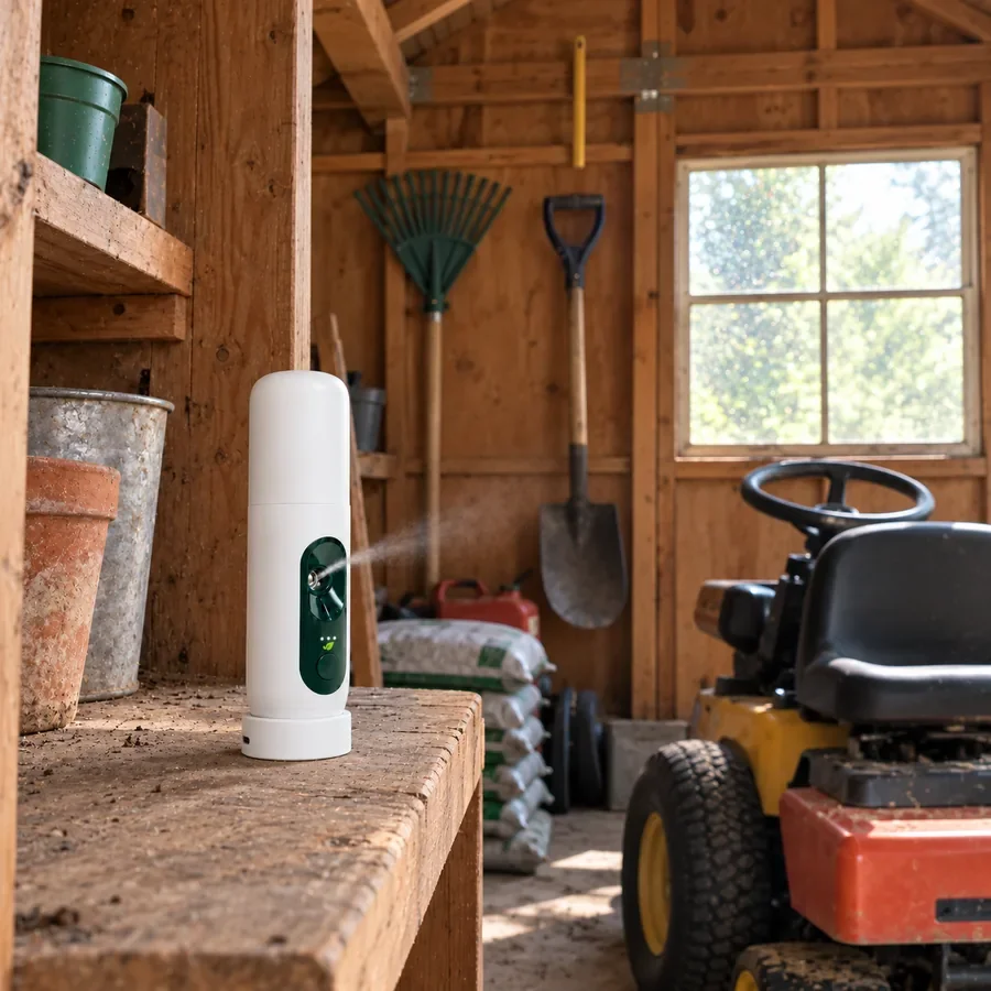 MintKeep Go on a shelf in a garden shed beside the riding mower