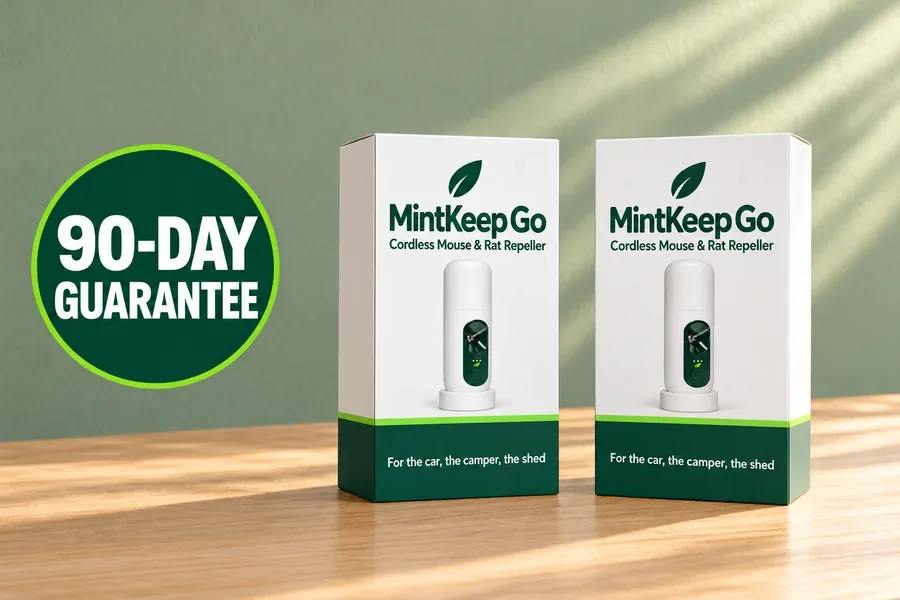 Two MintKeep Go boxes on an oak table, with the 90-day guarantee and free shipping seals
